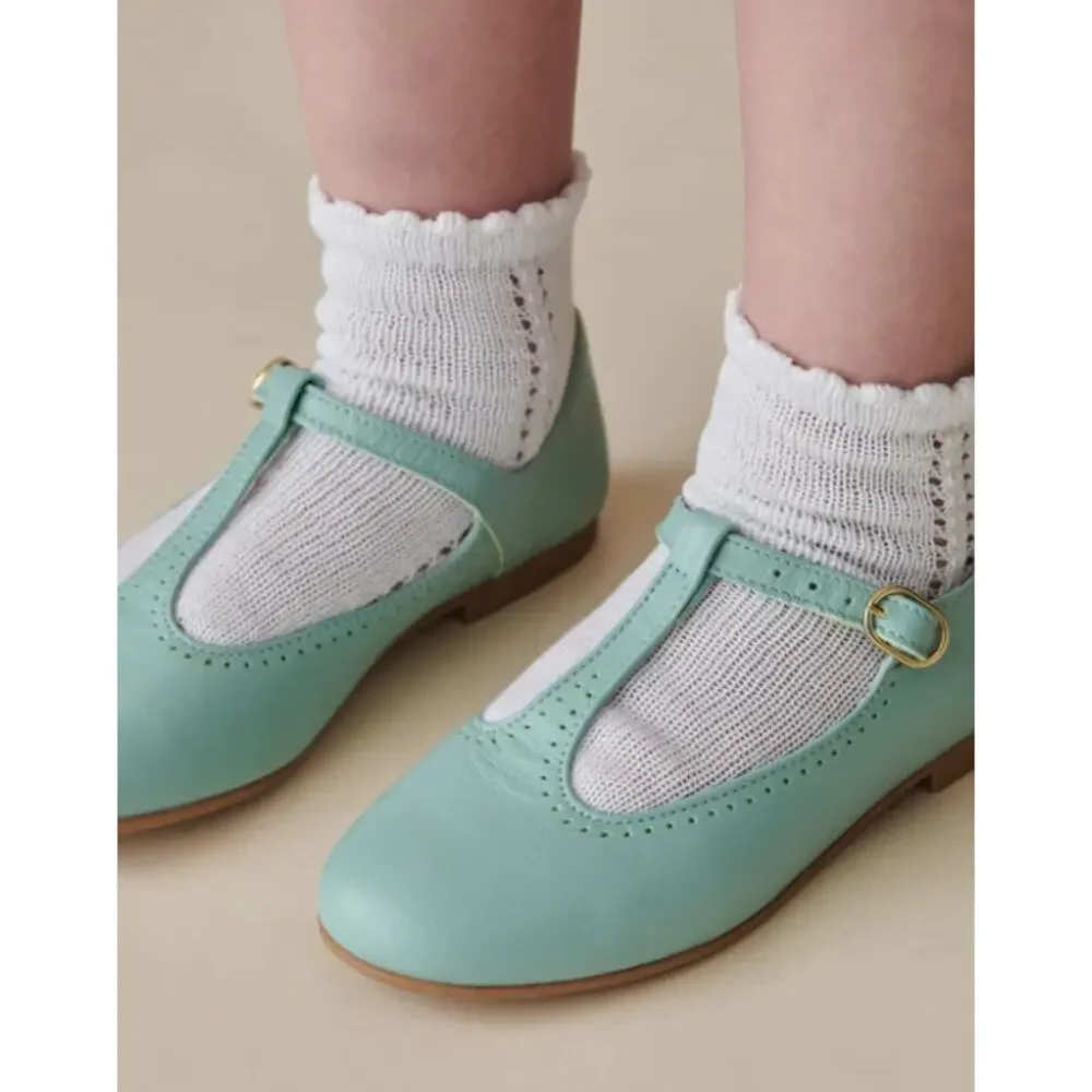 La Coqueta Pale Green Leather Girl T-Bar Shoes